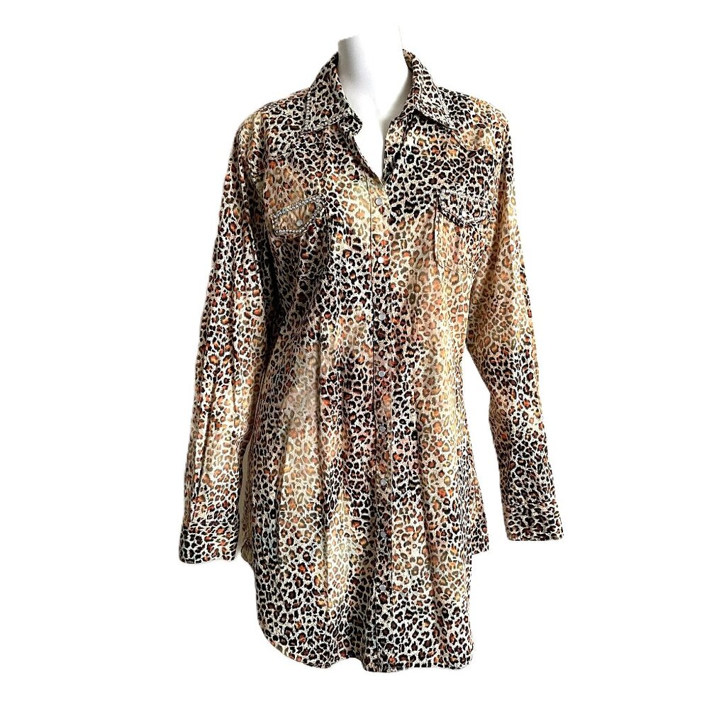 A Rare Bird Pearl Snap Shirt Dress Size S Leopard Boho Glam Western Rhinestones
